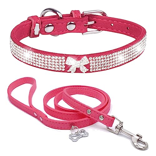 Dogs Kingdom Hundehalsband aus weichem Samt, mit Leine, verstellbar, für kleine Haustiere, mit Strasssteinen, modisches und buntes Set, Rosenrot, Größe L: 36,8–45,7 cm Halsumfang von Dogs Kingdom