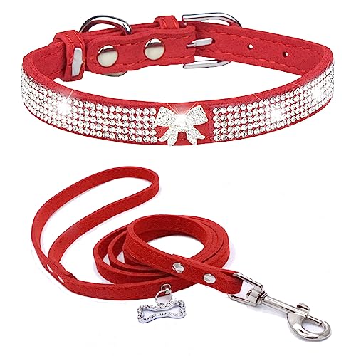 Dogs Kingdom Hundehalsband aus weichem Samt, mit Leine, verstellbar, für kleine Haustiere, mit Strasssteinen, modisches und buntes Set, Rot, Größe L: 36,8–45,7 cm Halsumfang von Dogs Kingdom