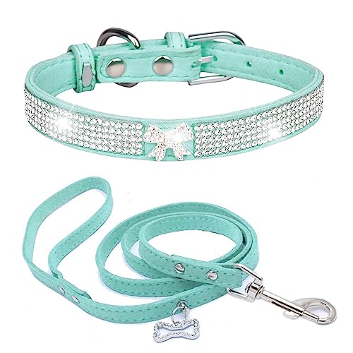 Dogs Kingdom Hundehalsband aus weichem Samt, mit Leine, verstellbar, für kleine Haustiere, mit Strasssteinen, modisches und buntes Set, blau, Größe L: 36,8–45,7 cm Halsumfang von Dogs Kingdom