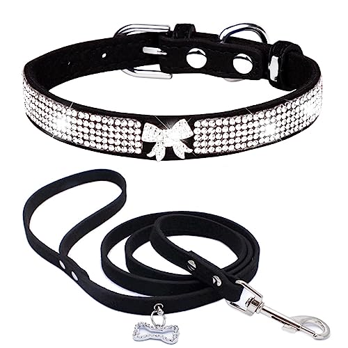 Dogs Kingdom Hundehalsband aus weichem Samt, mit Leine, verstellbar, für kleine Haustiere, mit Strasssteinen, modisches und buntes Set, schwarz, Größe L: 36,8–45,7 cm Halsumfang von Dogs Kingdom