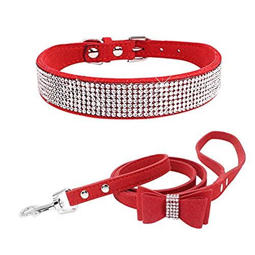 Dogs Kingdom Hundehalsband mit Leine, Set aus Strasssteinen, Samt, mit Strasssteinen besetzt, mit Leine, für kleine bis große Hunde und Katzen, verstellbar, Rot, Größe XXL: 45,7 - 55,9 cm Halsumfang von Dogs Kingdom