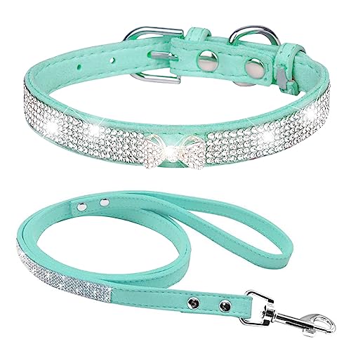 Dogs Kingdom Hundehalsband mit Leine, weiches Samt, Strasssteine, glitzernde Kristallbesetzt, mit Krawattenanhänger für kleine, mittelgroße Hunde, Katzen, schönes Bling-Aussehen, Blau, Größe M: von Dogs Kingdom