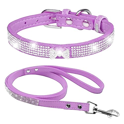 Dogs Kingdom Hundehalsband mit Leine, weiches Samt, Strasssteine, glitzernde Kristallbesetzt, mit Krawattenanhänger für kleine, mittelgroße Hunde, Katzen, schönes Bling-Aussehen, Lila, L: 36,8–45,7 cm von Dogs Kingdom