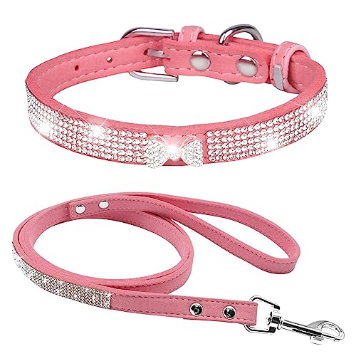 Dogs Kingdom Hundehalsband mit Leine, weiches Samt, Strasssteine, glitzernde Kristallbesetzt, mit Krawattenanhänger für kleine, mittelgroße Hunde, Katzen, schönes Bling-Aussehen, Rosa, Größe L: von Dogs Kingdom