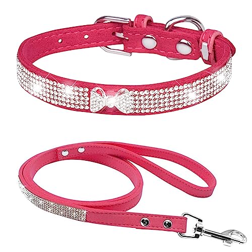 Dogs Kingdom Hundehalsband mit Leine, weiches Samt, Strasssteine, glitzernde Kristallbesetzt, mit Krawattenanhänger für kleine, mittelgroße Hunde, Katzen, schönes Bling-Aussehen, Rosenrot, Größe L: von Dogs Kingdom