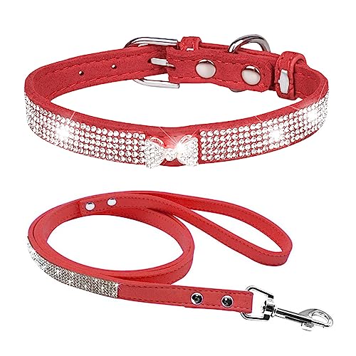 Dogs Kingdom Hundehalsband mit Leine, weiches Samt, Strasssteine, glitzernde Kristallbesetzt, mit Krawattenanhänger für kleine, mittelgroße Hunde, Katzen, schönes Bling-Aussehen, Rot, Größe L: von Dogs Kingdom