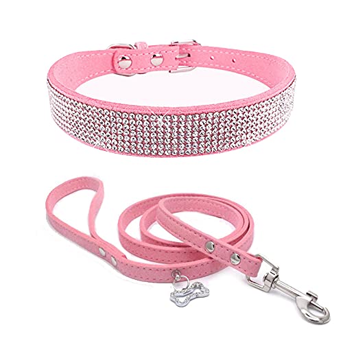 Dogs Kingdom Hundehalsband mit glänzenden Strasssteinen, aus weichem Samtmaterial, niedliche Knochenmarke, für Hunde und Katzen, verstellbar, für Mädchen oder Hündinnen, Rosa, Größe M: Halsumfang von Dogs Kingdom