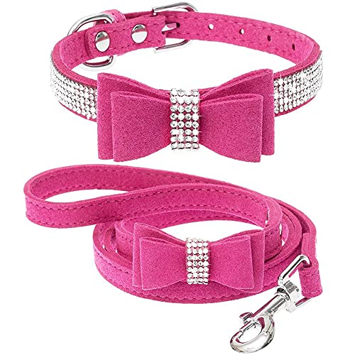 Dogs Kingdom Hundehalsband und Katzenhalsband, mit Strasssteinen besetzt, mit Strasssteinen besetzt, mit niedlicher Schleife, verstellbar mit weichem Samt, Rosenrot, Größe S: 25,4 - 32 cm Halsumfang von Dogs Kingdom