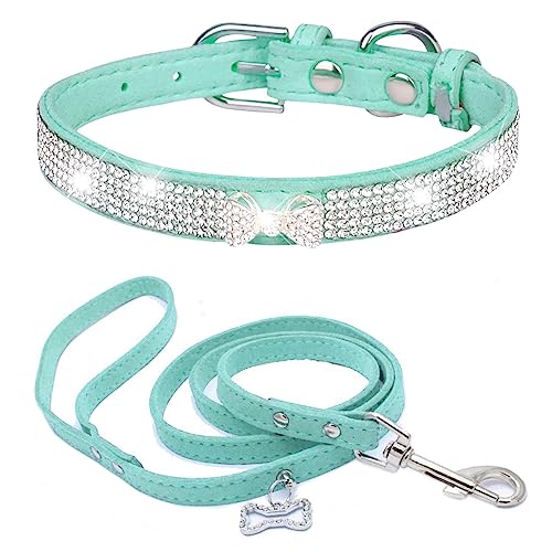 Dogs Kingdom Hundehalsband und Leine aus Wildleder, glitzernde Kristalle, niedliche Krawatte, glitzernde Strasssteine, Haustierhalsband für kleine, mittelgroße Hunde, Katzen, Blau, Größe L: 36,8–45,7 von Dogs Kingdom