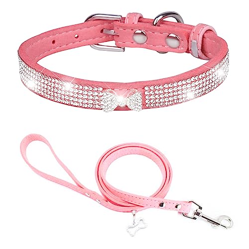 Dogs Kingdom Hundehalsband und Leine aus Wildleder, glitzernde Kristalle, niedliche Krawatte, glitzernde Strasssteine, Haustierhalsband für kleine, mittelgroße Hunde, Katzen, Rosa, Größe L: 36,8–45,7 von Dogs Kingdom