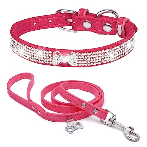 Dogs Kingdom Hundehalsband und Leine aus Wildleder, glitzernde Kristalle, niedliche Krawatte, glitzernde Strasssteine, Haustierhalsband für kleine, mittelgroße Hunde, Katzen, Rosenrot, Größe L: von Dogs Kingdom