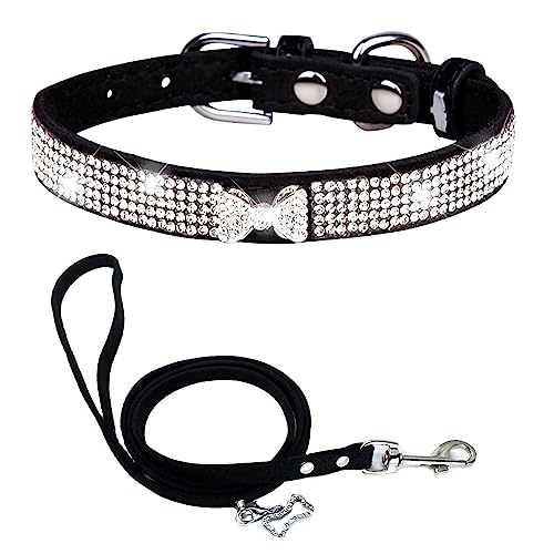 Dogs Kingdom Hundehalsband und Leine aus Wildleder, glitzernde Kristalle, niedliche Krawatte, glitzernde Strasssteine, Haustierhalsband für kleine, mittelgroße Hunde, Katzen, Schwarz, Größe M: 32 - 38 von Dogs Kingdom