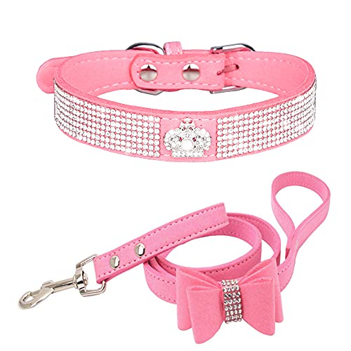 Dogs Kingdom Schillerndes Strass-Kronen-Hundehalsband-Set mit Kristalldiamanten, Haustierhalsband mit niedlicher Schleife, verstellbar, für Hunde und Katzen, Rosa, XXS: 15,2–21,1 cm Halsumfang von Dogs Kingdom