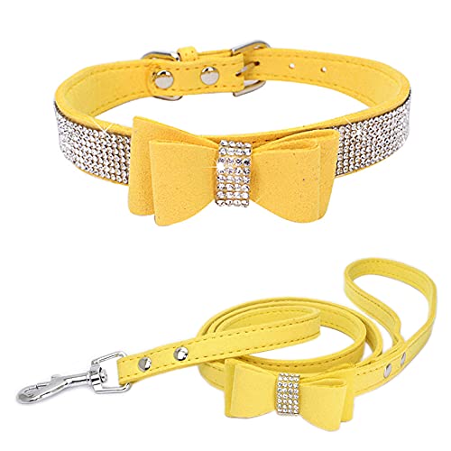 Dogs Kingdom Set aus Hundehalsband und Leine, mit Strasssteinen besetzt, mit Strasssteinen besetzt, mit niedlicher Schleife, verstellbar mit weichem Samt, Gelb, L: 36,8 - 47 cm Halsumfang von Dogs Kingdom