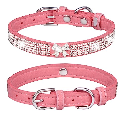 Dogs Kingdom Strass-Hundehalsband mit Schleife, glitzernde Kristalldiamanten besetzt, schönes glitzerndes Haustier-Aussehen für kleine, mittelgroße Haustiere, Rosa, Größe M: 32–38,1 cm Halsumfang von Dogs Kingdom