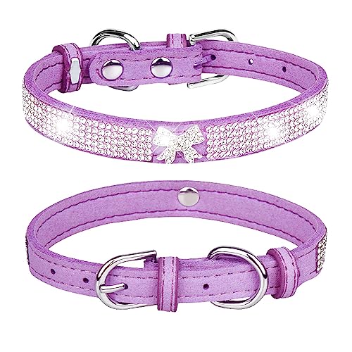 Dogs Kingdom Strass-Hundehalsband mit Schleife, glitzernde Kristalldiamanten besetzt, schönes glitzerndes Haustier-Aussehen für kleine, mittelgroße Haustiere, lila, Größe M: 32–38,1 cm Halsumfang von Dogs Kingdom