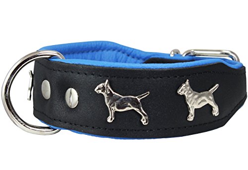 Hundehalsband, Echtleder, weich, gepolstert, Bullterrier, 4,4 cm breit, Halsumfang 33 - 38,7 cm, Schwarz / Blau von Dogs My Love