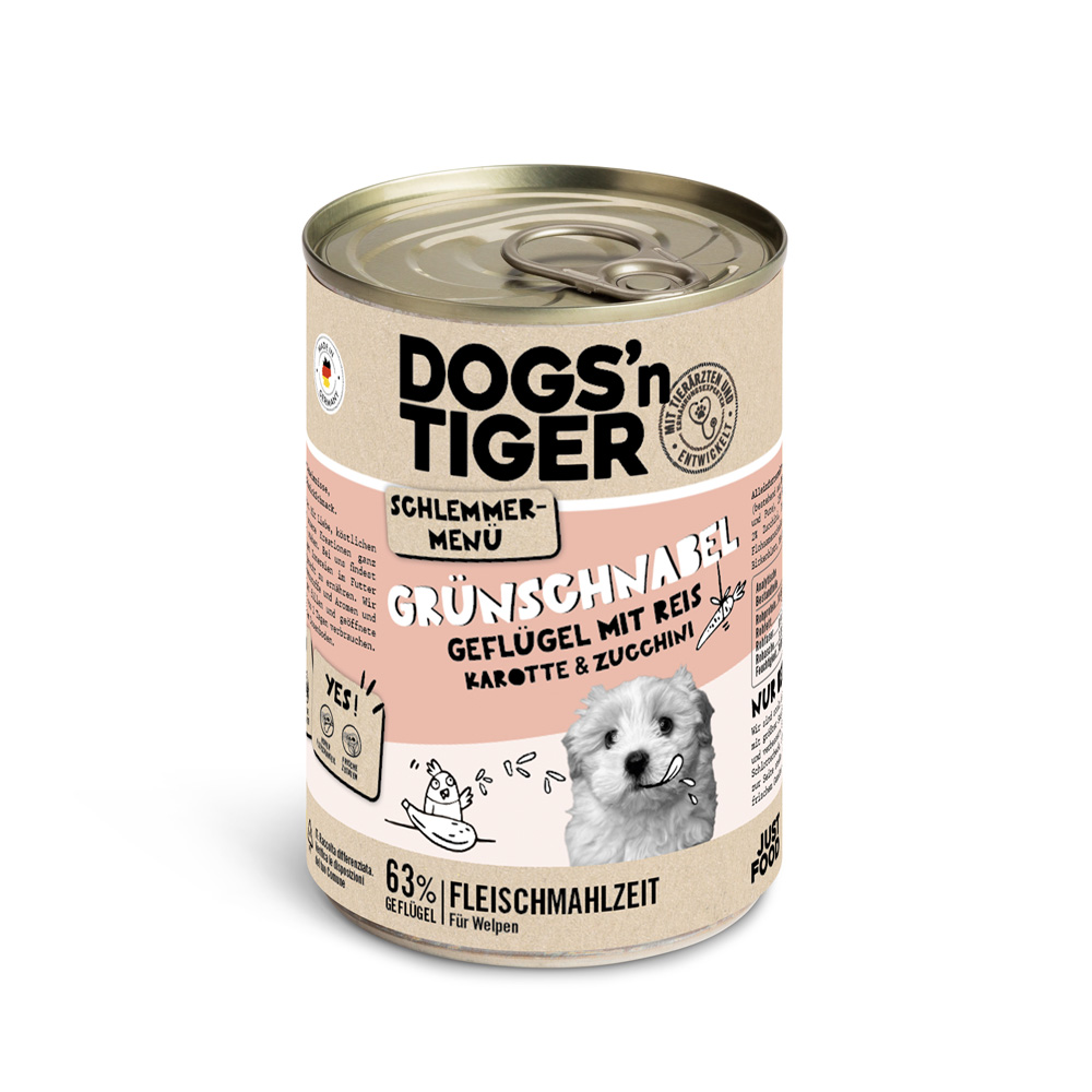 Dogs'n Tiger Schlemmermenü für Hunde 6 x 400 g - Geflügel mit Naturreis, Karotten und Zucchini (Junior) von Dogs'n Tiger