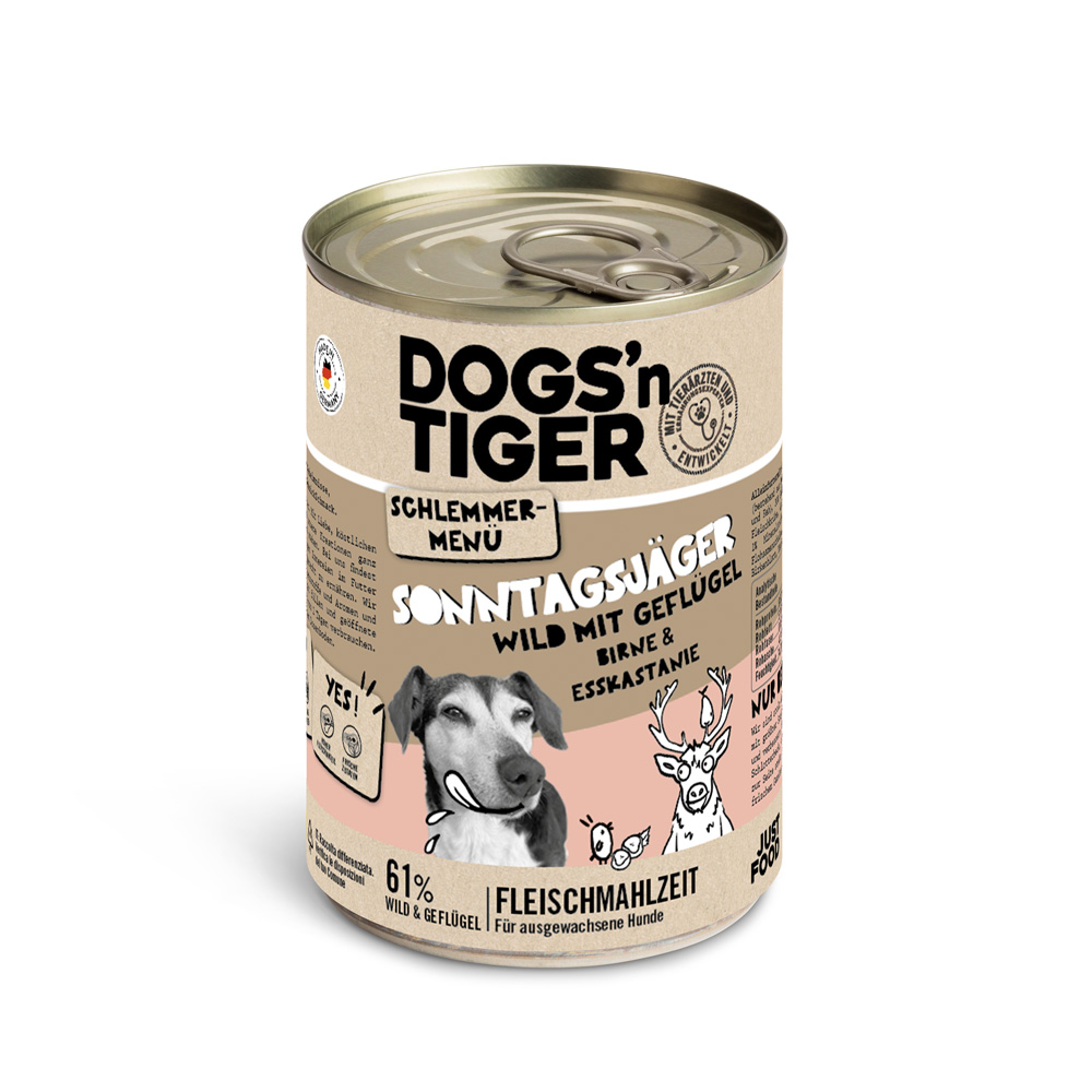 Dogs'n Tiger Schlemmermenü für Hunde 6 x 400 g - Wild mit Geflügel mit Birne, Hirse und Esskastanie von Dogs'n Tiger