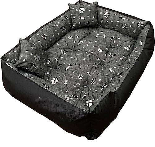 Dogs4Life New Hundebett XXL | Hundebett groß Hunde | Hundebett mittelgroße Hunde | Hundebett kleine Hunde | Hundekissen | Outdoor Hundebett | Wasserabweisend (M, Aschgrau mit Silb. Pfoten) von Dogs4Life