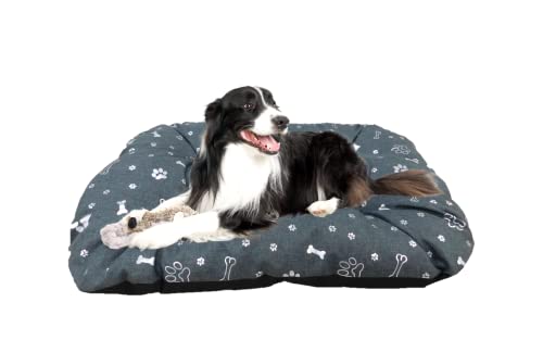 Dogs4Life stilvolles, wasserbeständiges Hundebett aus hochwertigem Codura PVC-Material - antiallergen, strapazierfähig und langlebig - leicht zu reinigen (L 120 x 90 cm, Grau mit Pfoten & Knochen) von Dogs4Life