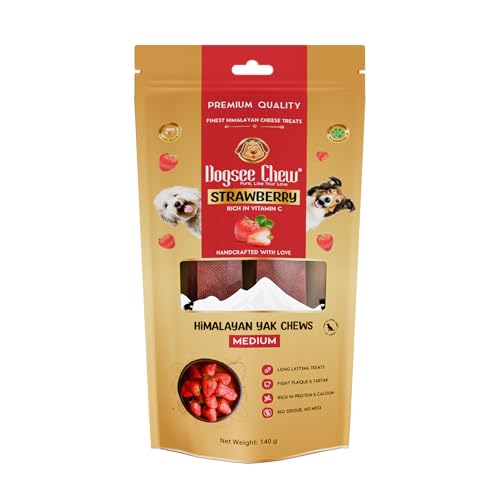 Dogsee Himalaya-Yak-Käse-Zahnpflege-Kausnacks mit Erdbeeren für Hunde – 140 g (mittelgroß – 2 Kausnacks) | Für gesunde Haut und gesundes Fell | Ohne Getreide, ohne Gluten von Dogsee