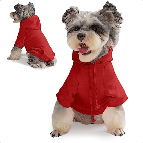 Dogtesl Kapuzenpullover für kleine Hunde, Mädchen, Jungen, Haustierkleidung, Hundemantel, Baumwollmantel mit Kapuze und Taschen für kleine Rassen, Rot, Größe L von Dogtesl