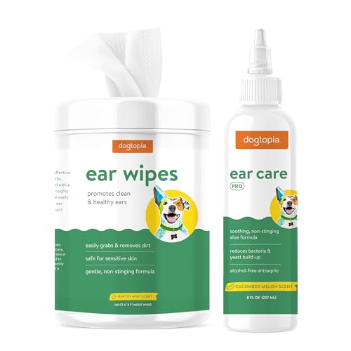 Dogtopia 160 CT Hunde-Ohrentücher + 237 ml Ear Care Pro Combo von Dogtopia