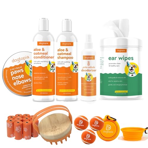 Ultimate Dog Care Bundle | All-in-One Hundepflegeset | Geschenk für Hundeliebhaber | 100 Kotbeutelrollen | Hundenäpfe | Pflegezubehör & Tragetasche von Dogtopia