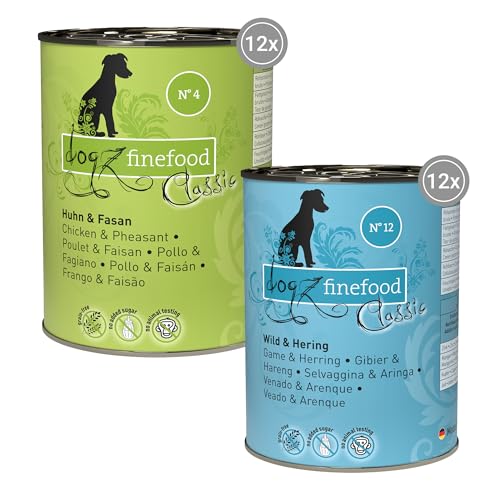 dogz finefood Hundefutter nass - Feinkost Nassfutter für Hunde in der Dose im Mix-Paket - ohne Zucker & Getreide, in den Sorten Huhn & Fasan, Wild & Hering (24 x 400 g Dosen) von Dogz finefood