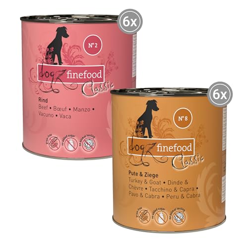 dogz finefood Hundefutter nass - Feinkost Nassfutter für Hunde in der Dose im Mix-Paket - ohne Zucker & Getreide, in den Sorten Pute, Ziege & Rind (12 x 800 g Dosen) von Dogz finefood