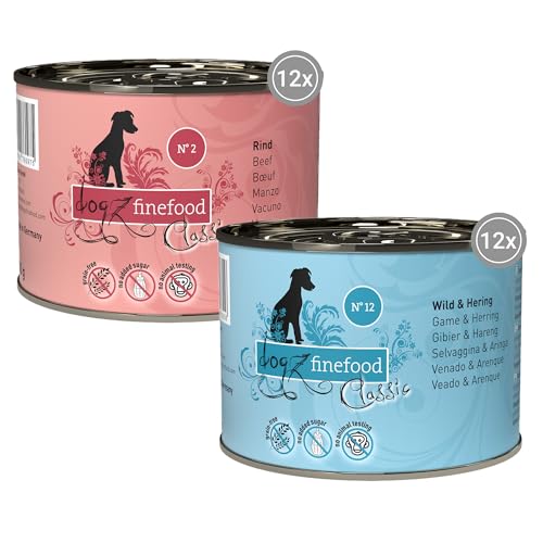 dogz finefood Hundefutter nass - Feinkost Nassfutter für Hunde in der Dose im Mix-Paket - ohne Zucker & Getreide, in den Sorten Rind, Wild & Hering (24 x 200 g Dosen) von Dogz finefood