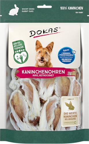 DOKAS Kaninchenohren mit Fell – Getreidefreier Premium Natursnack für Hunde aus 100% Kaninchen – Kurz für kleine Hunde – 1 x 100 g von Dokas