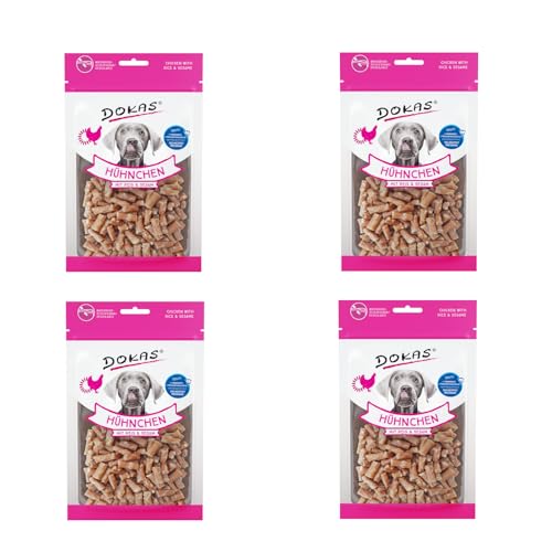 Dokas Dog Hühnchen mit Reis und Sesam | 4er Pack | 4 x 70 g | Ergänzungsfuttermittel für Hunde | Kombination aus Hühnchenfleisch mit Reis und Sesam | In kleinen Stückchen von Dokas