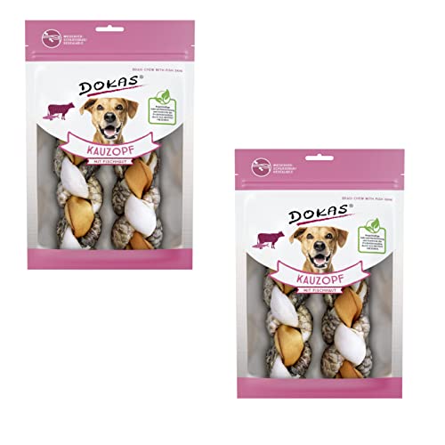 Dokas Kauzopf mit Fischhaut | Doppelpack | 2 x 120 g | Kausnack für Hunde | Rinderhaut und Fischhaut zum perfekten Kauspaß geflochten | Unterstützung der täglichen Zahnpflege von Dokas