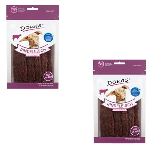 Dokas Rindfleisch getrocknet | Doppelpack | 2 x 70 g | Kausnack für Hunde | Besonders schmackhafte Variation für den Futternapf | Wiederverschließbare Verpackung zur Bewahrung der Frische von Dokas