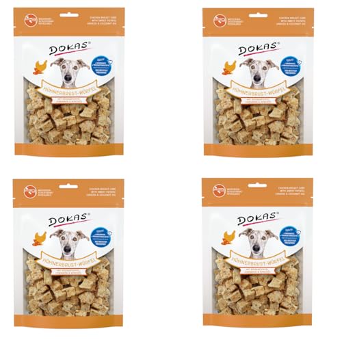 Dokas Hühnerbrust-Würfel mit Süßkartoffel, Leinsamen & Kokosöl | 4er Pack | 4 x 150 g | Gefriergetrockneter Snack für Hunde | Besonders reich an hochwertigen Proteinen von Dokas