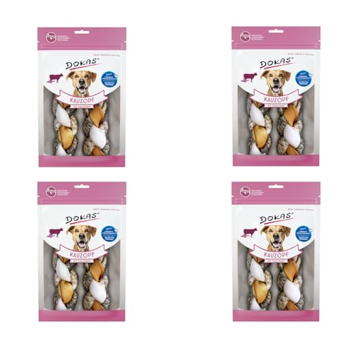 Dokas Kauzopf mit Fischhaut | 4er Pack | 4 x 120 g | Kausnack für Hunde | Rinderhaut und Fischhaut zum perfekten Kauspaß geflochten | Zur Unterstützung der täglichen Zahnpflege von Dokas