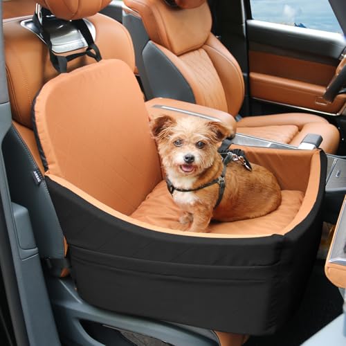 Dokdogs Hundeautositz für kleine und mittelgroße Hunde, Haustierautositz mit verstellbaren Gurten und elastischer Hundeleine für einfache Installation, Schwarz/Braun von Dokdogs