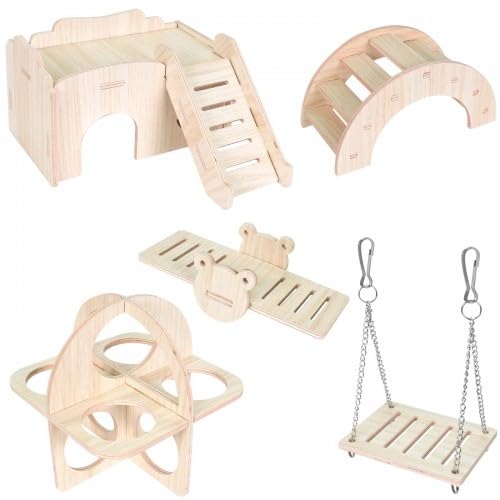 Dokeno 5 Stück Spielzeug für Hamster aus Holz, DIY Hamster Spielzeug, Meerschweinchen Spielzeug Set Inklusive Hamster Versteck Haus, Wippe, Brücke, Schaukel und Trainingspielzeug von Dokeno