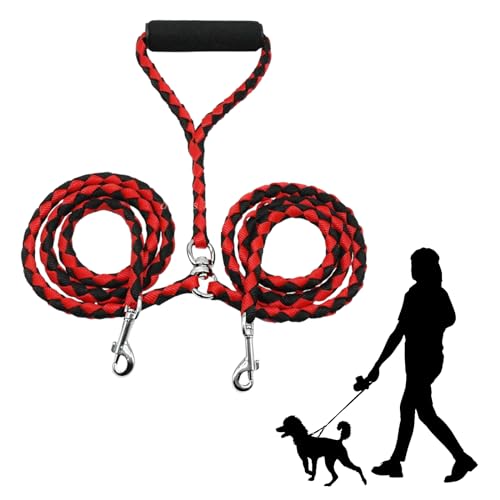 Dokeno Hundeleine, Doppel Hundeleine, Verstellbare Hundeleine, Trainingsleine für Hunde, Kein Verknoten, mit Zwei Gepolsterten Griffen, Doppelleine für Zwei Hunde 140CM (Rot) von Dokeno