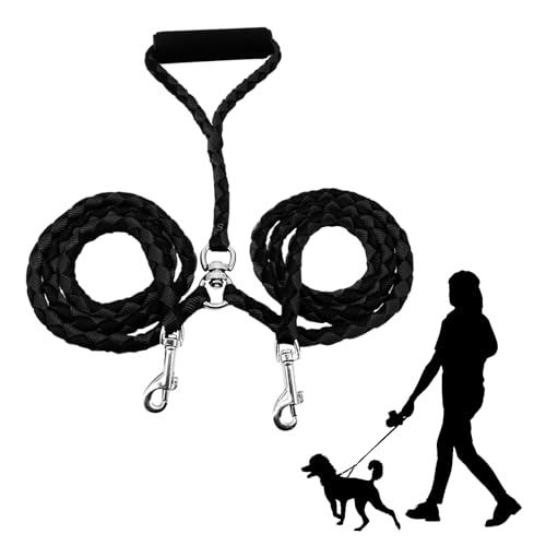 Dokeno Hundeleine, Doppel Hundeleine, Verstellbare Hundeleine, Trainingsleine für Hunde, Kein Verknoten, mit Zwei Gepolsterten Griffen, Doppelleine für Zwei Hunde 140CM (Schwarz) von Dokeno