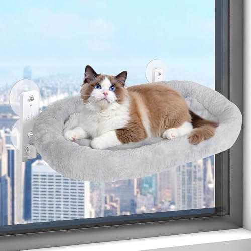 Dokeno Fensterliege für Katzen Bequeme Fenster Hängematte, Katzenbett Fensterbankliege mit stabilen Saugnäpfen, Bis zu 15kg, Katzenhängematte für Große Katzen, Platzsparend und Einfache Installation von Dokeno