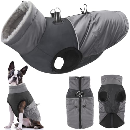 Dolahovy wasserdichte Hundemantel Winterjacken, Winddichte Haustier Kleidung Große Jumper Warme Hunde Mäntel Fleece Jacken Outfit für kleine mittlere große Hunde Welpen Weste mit Geschirr (Grau, 2XL) von Dolahovy