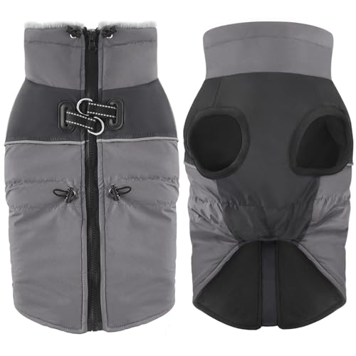 Dolahovy wasserdichte Hundemantel Winterjacken, Winddichte Haustier Kleidung Große Jumper Warme Hunde Mäntel Fleece Jacken Outfit für kleine mittlere große Hunde Welpen Weste mit Geschirr (Grau, 2XL) von Dolahovy