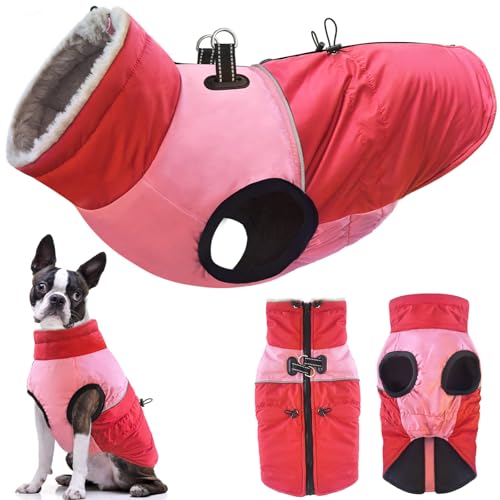 Dolahovy wasserdichte Hundemantel Winterjacken, Winddichte Haustier Kleidung Große Jumper Warme Hunde Mäntel Fleece Jacken Outfit für kleine mittlere große Hunde Welpen Weste mit Geschirr (Rot, 2XL) von Dolahovy