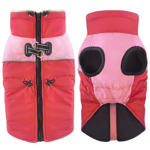 Dolahovy wasserdichte Hundemantel Winterjacken, Winddichte Haustier Kleidung Große Jumper Warme Hunde Mäntel Fleece Jacken Outfit für kleine mittlere große Hunde Welpen Weste mit Geschirr (Rot, 2XL) von Dolahovy