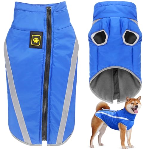 Dolahovy wasserdichte Hundemantel Winter Warme Jacke,Winddichte Haustier Kleidung Hunde Mantel Fleece Jacken Outfit für kleine mittlere große Hunde Weste mit Harness Loch XL-6XL (Blau, 2XL) von Dolahovy