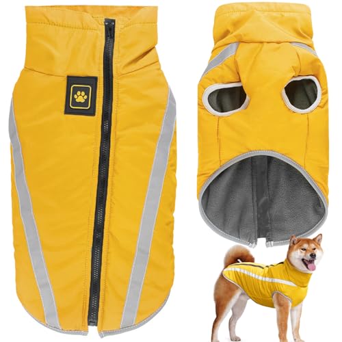 Dolahovy wasserdichte Hundemantel Winter Warme Jacke,Winddichte Haustier Kleidung Hunde Mantel Fleece Jacken Outfit für kleine mittlere große Hunde Weste mit Harness Loch XL-6XL (Gelb, 2XL) von Dolahovy