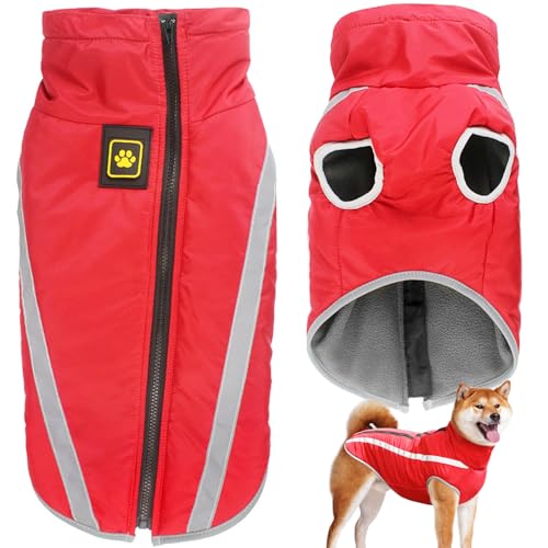 Dolahovy wasserdichte Hundemantel Winter Warme Jacke,Winddichte Haustier Kleidung Hunde Mantel Fleece Jacken Outfit für kleine mittlere große Hunde Weste mit Harness Loch XL-6XL (Rot, 2XL) von Dolahovy